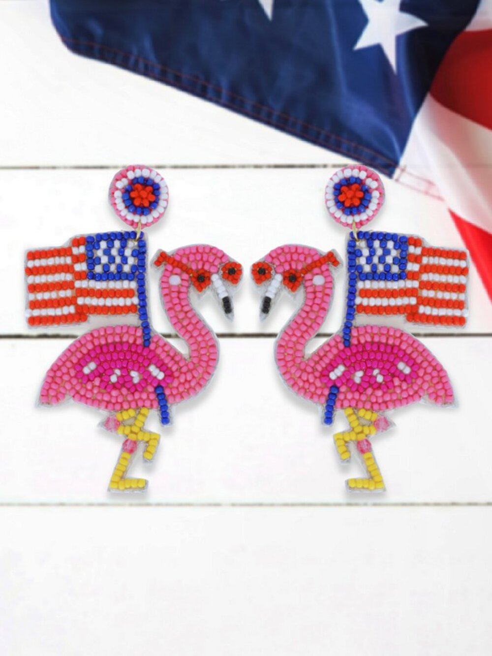 USA American Flag Flamingo Tropical 4th of July Patriotic Seed Beaded Earrings